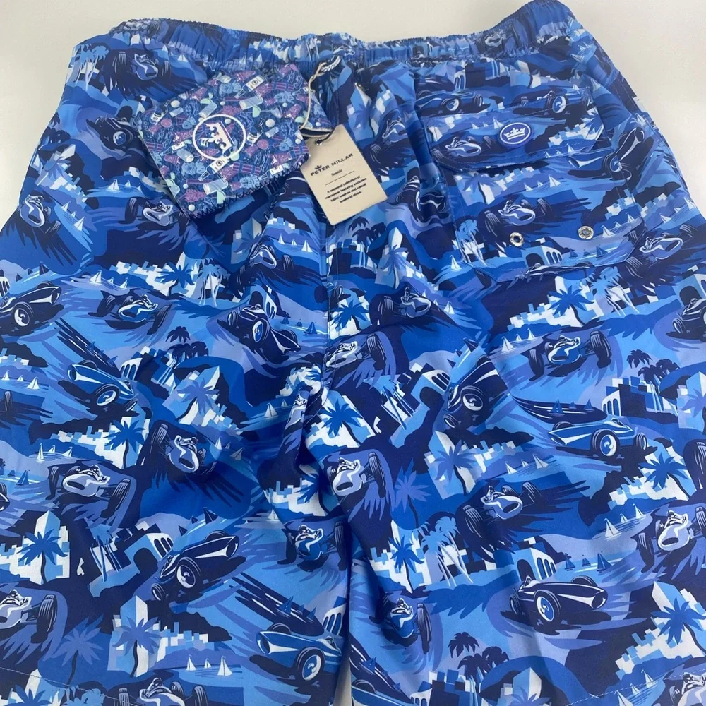 NWT Peter Millar Seaside Monaco Madness ATL Blue w/Koozie Swim Trunks Suit $98
